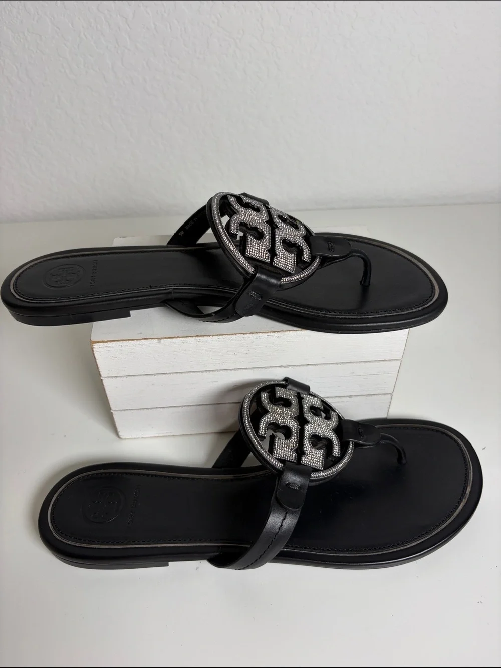 Tory Burch Miller Crystal Logo Flip Flop Black Size 9